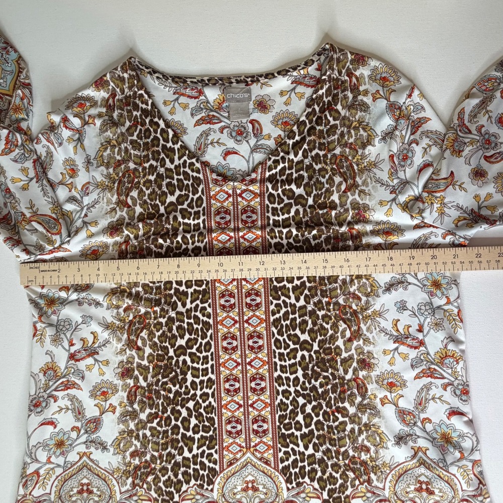 Chicos Mixed Print Blouse Size 2 Large Leopard Floral Paisley Stretch Boho Comfy - Picture 8 of 8